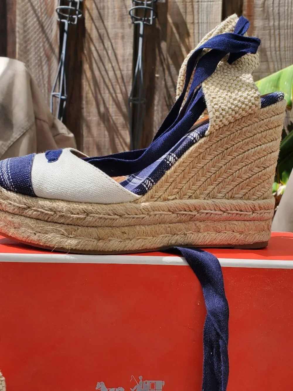 Coach Cream and Blue Ankle Tie Size 6 Wedge Sandals